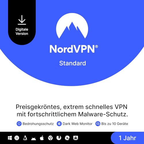 NordVPN Standard – 1 Jahr – VPN & Cybersicherheits-Software für 10 Geräte – Schadsoftware, bösartige Links & Werbung blockieren, persönliche Daten schützen – PC/Mac/Mobile [Online Code]