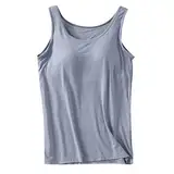 2025 - Damen-Tanktops mit integrierten BHs, 2024, Sommer, lässig, Rundhalsausschnitt, ärmelloses Leibchen, Übergröße, Baumwolle, gepolsterte Workout-Tops Seidentop Damen Seide (Dark Gray, XXXXL)