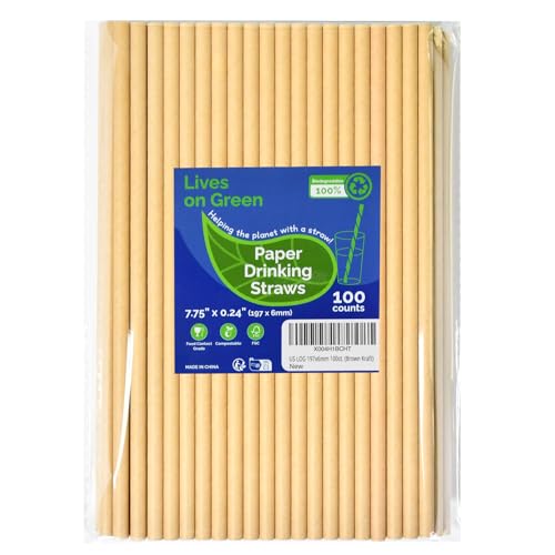 Lives on Green Trinkhalme aus braunem Kraftpapier, 19,7 x 0,6 cm, 100 Stück, für Bar, Restaurant, Lebensmittelversorgung, Catering