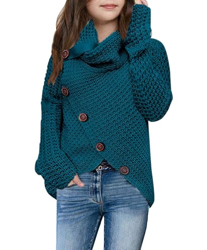 Haloumoning Mädchen Pullover Rollkragen Knopf Langarm Strickpullover Kinder Wrap Pulli Sweater, Pfauenblau, 8-10 Jahre