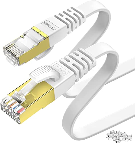KASIMO 25m lan kabel 25 meter cat 7 Kabel 25m Netzwerkkabel 25m CAT 7 Kabel Flach - 10 Gbits / 600MHz - Internet Kabel 25m mit vergoldetem RJ45 – 25 m lan kabel internetkabel 25m Patchkabel Weiß