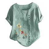 TURWXGSO Damen-Top, Rundhalsausschnitt, kurze Ärmel, elegante Bluse, lässig, Blumendruck, Knopf-T-Shirt, Übergröße, Leinenhemden, lockeres stilvolles Oberteil für den täglichen Gebrauch, S-5XL, 2