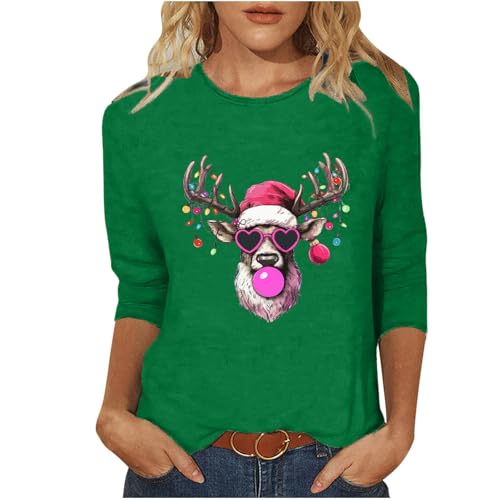 Damen-Top, Weihnachten, 3/4-Ärmel, Rundhalsausschnitt, locker, lässig, elegante Blusen, Weihnachten, Schneeflocken-Druck, T-Shirts für Damen, Farbe: Grün., M