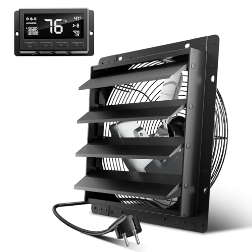 Hon&Guan Industrielle Abluftventilator 350mm EC-Motor Super Luftmenge 2200m³/h Wandventilator mit Teuchtigkeitssensor Temperatursensor Ganzmetallgehäuse Fensterläden Wandlüfter für Keller Garage Attic