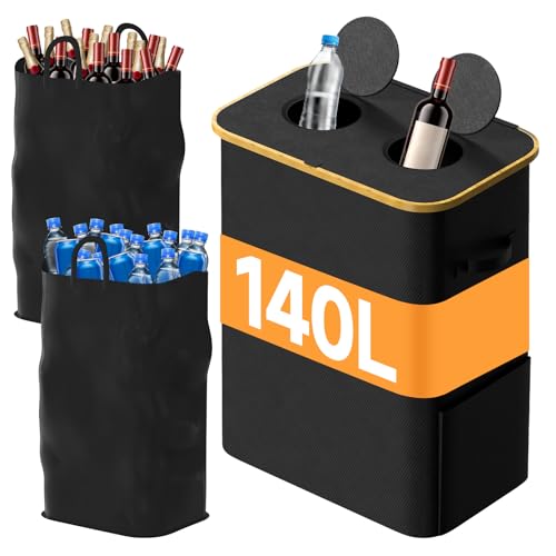 140L Pfandflaschen Sammelbehälter, 2 Fächer Pfandflaschen behälter, Leergut & Altglas sammelbehälter mit Loch, 2 Tragetasche, Mülleimer mit Deckel, für die Küchenorganisation& Abstellraum, schwarz