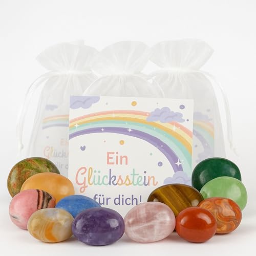 Milaboo® Glückssteine Set – 12x kleine Edelsteine mit Karte „EIN Glücksstein für Dich“ – Gastgeschenk Kindergeburtstag, Mitgebsel, Mutstein Einschulung, Schmunzelstein (EIN Glücksstein für Dich)