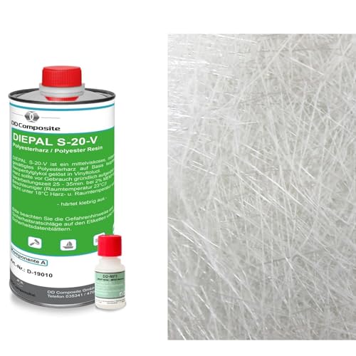 DD Composite Polyesterharz 1kg plus 1m² Glasfasermatte 450g/m² 20g MEKP-Härter styrolfreies Laminierharz Reparaturharz für Hobby und Handwerk