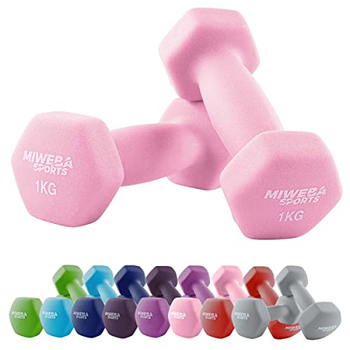 Miweba Sports Neopren Hantelset NKH100 | ????? Hantel - Hexagon Hanteln Set - Kurzhanteln - Kurzhantel Set - Gymnastikhanteln - Hantel Set - Dumbbell - 0,5-10 Kg (2X 1.0 kg, Rosa)