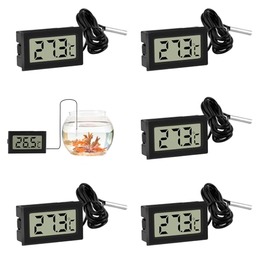 VFANDV Aquarium Thermometer Digital 5 Stück, Temperatursensor Wasserdicht mit 1m Kabel und Externer Sonde LCD Thermometer Temperaturüberwachung für Kühlschrank Gefrierschrank Aquarium (Schwarz)