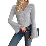 Longsleeve Damen Eng Longshirt Langarm Henley Shirt Damen Langarm Crop Tops Damen Langarm Bluse Mit Spitze Damen Damen Langarmshirt Baumwolle Bluse Spitze Ausgefallene Light Gray L