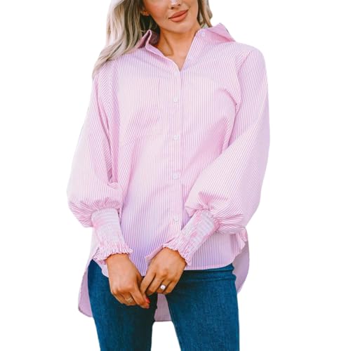 Mid-Length Shirt with Striped Lapel and Oversized Drawdown Sleeves, Striped Shirt Women Button Down Long Sleeve (pink,Small)