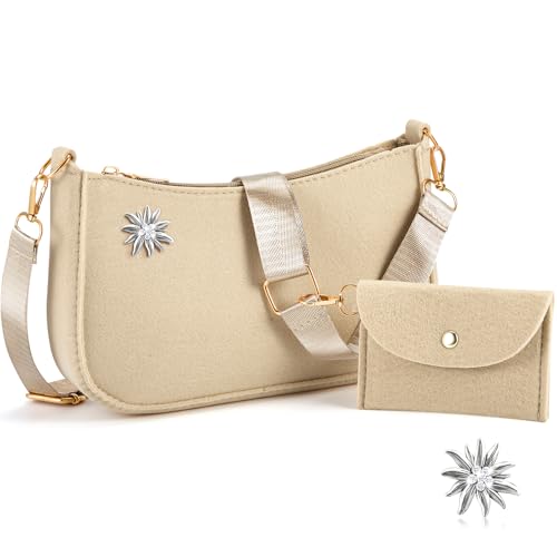 Weewooday Trachtentasche Filz Damen Handtasche mit 2 Edelweiß Brosche Traditionelle Bierfest Kleid Umhängetasche Zubehör mit kleine Filztasche Silberne Edelweiß Dekoration für Festtagskleider(Khaki)