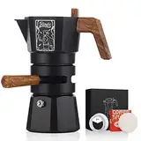 Bincoo Espressokocher für Herd, Doppelventil, Mokkakanne mit Thermostat-Extraktor, italienischer Espresso-Mokkakanne mit Pulverspender und Filterpapier für Zuhause, 120 ml / 2 Tassen, Schwarz