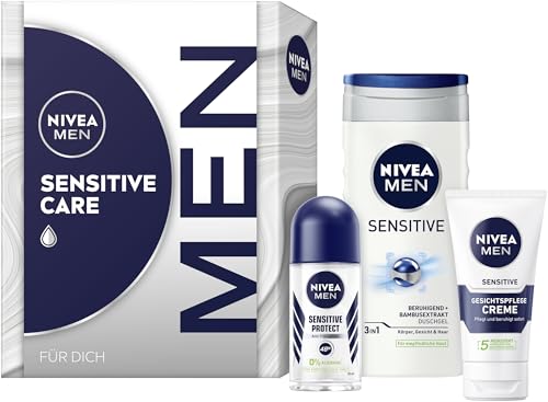 NIVEA MEN Sensitive Care Geschenkset, Pflegeset mit Pflegeprodukten für sensible Haut, Geschenkbox mit Pflegedusche, Gesichtspflege Creme und Deo für Herren