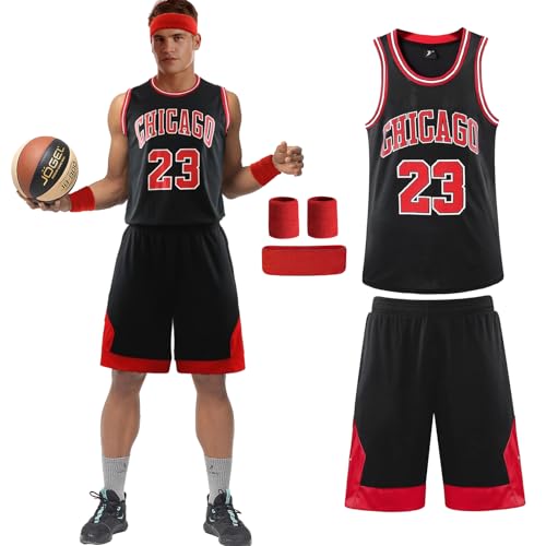 Erwachsene Kinder Basketball Trikot Shirt und Shorts 4 Stück Nr.23 Basketball Kleidung mit Wrist Wraps, Mode Ärmellose Basketball Jersey, Hochwertige Basketball Trainings und Spiel Trikot (Schwarz)