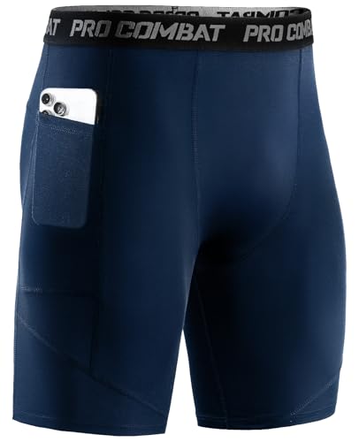 Niksa 1 Pack Herren Kompressionsshorts, Sport Unterhosen Männer Schnelltrocknendes Laufunterwäsche, Atmungsaktiv Laufhose Herren Kurz mit Handytasche, Marineblau, L