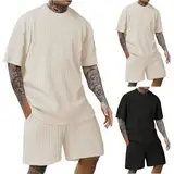 Tshirt Herren Weiss Basic Gym Kleidung Herren Jogginganzug Sommerkleidung Locker Jogginganzug Leinenanzug Leinen Anzug Herren Sport Kleidung Strand Outfit Stylisch Trainingsanzug Herren（Beige，S）