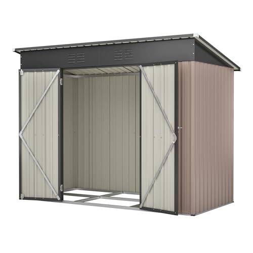 Jaxilyn Metall Gerätehaus 229x111x182cm Gerätehaus mit Pultdach,Gartenhaus Geräteschuppen Garten Schuppen Inkl. Metallfundament (ohne Boden), Geräteschrank für Garten,Braun