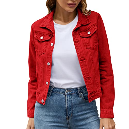 2025 - Damen Basic Solid Color Button-Down-Denim-Baumwolljacke mit Taschen Jeansjacke Mantel Winter Lederjacke Damen (Red, XL)