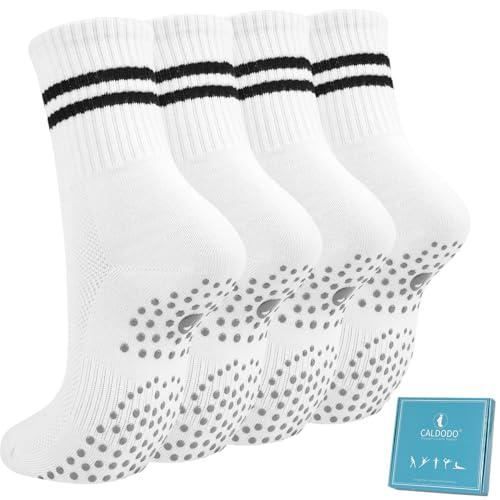 Caldodo Stoppersocken Damen 4Paar Yoga Socken 39-42, Geschenke für Frauen Antirutschsocken Erwachsene Rutschsocken mit Noppen Pilates Socken (DE/NL/SE/PL, Numerisch, 39, 42, Regular, Regular, Weiß)