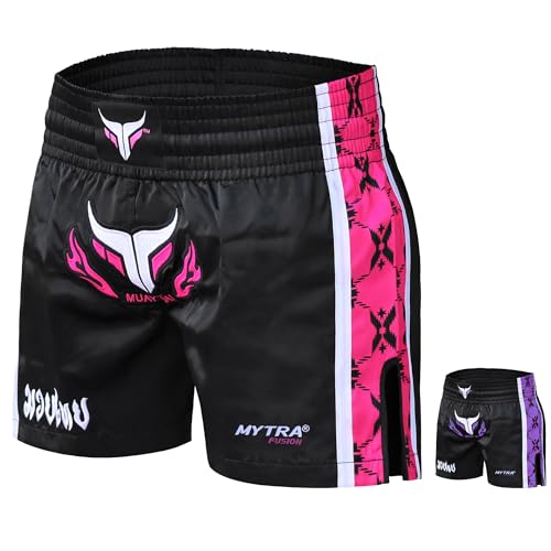 Mytra Fusion Muay Thai Short Damen Kickboxen Hose, Damen Muay Thai Hose - Kickboxen Shorts für Boxen, Schlagen, Grappling und Kampfsporttraining (Black/Pink, XL)