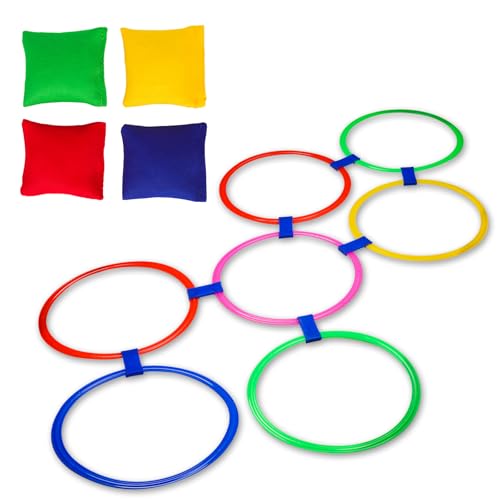 Himmel und Hölle und Hölle-Ring-Wurfspiel, 10stk Himmel und Hölle-Ringe mit 4stk Sitzsäcken Plastik-Agility-Ringe Lustige Outdoor-Spielgeräte Hofspiele für Kinder Jungen Mädchen