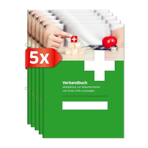 PRIMUS PRINT Verbandbuch - Unfallbuch - Erste-Hilfe Dokumentation - Meldebuch DSGVO konform - A5 Format - Ringösenheftung und Abrissperforation - Gewerbe, Arbeit und Erste-Hilfe-Maßnahmen [5er Set]
