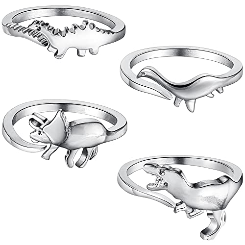 Yaomiao 4 Stücke Dinosaurier Ringe Set Offene Einstellbare Dinosaurier Ringe Vintage Silber Dinosaurier Ringe Legierung Geschenke für Weihnachten Damen und Herren