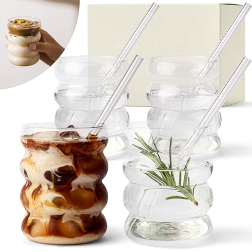 KIVY Bubble Gläser Set mit Glas Strohhalm [4x 350ml] Für Eiskaffee, Wasser & Cocktails - Longdrinkgläser Set - Eiskaffee Gläser - Kaffeegläser - Iced Coffee Glas Kaffee Gläser Set - Bubble Glas