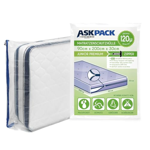 ASK Pack Matratzenschutzhüllen mit Anker-Reißverschluss - Größen von XS bis XXL, Wasserdicht, Reißfest, Ultra Starkes Material 120 mikron - Ideal für Umzug, Lagerung und Transport - 90x200 cm