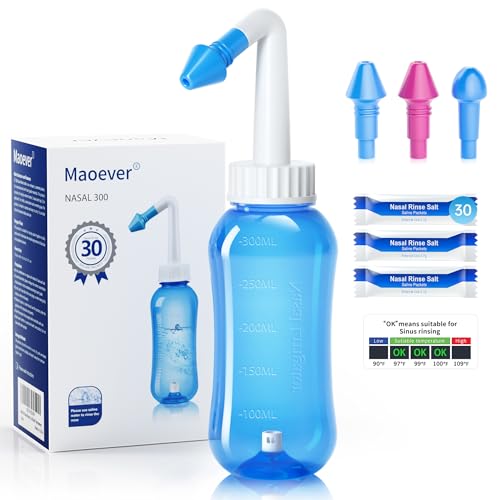 Nasendusche Set, Nasenspülkanne zur Nasenreinigung und Nasenspülung,BPA-frei, 300 ml, mit 30 Nasenwasch-Salzpaketen und Aufkleberthermometer