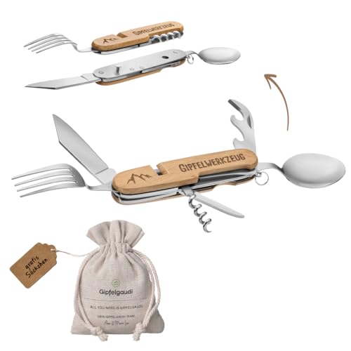 Gipfelgaudi All-in-One Camping Besteck: ideal zum Wandern, Picknick & mehr I Plastikfreies Besteck To Go aus rostfreiem Edelstahl & Holz