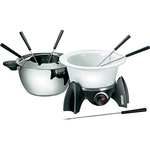 UNOLD 48615 Fondue-SET - Elektro Fondue, Wechseltopf (Edelstahl/Keramik), Fleischfondue/Asiatisch, Schokofondue, Käsefondue, Kochplatte, mit Zubehör, für 6 Personen, Schwarz/Silber