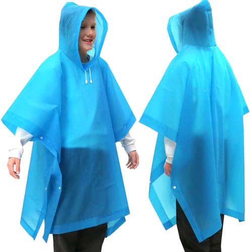 ANYOO Regenponcho Kinder Wasserdichte 2 Stück für Mädchen Jungen, Leichter Regencape Regenschutz PEVA Regenmantel mit Kapuze für Kinder Größe 100-150 cm Camping Wandern Reisen, Blau