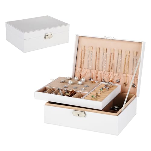 Schmuckkästchen Damen - Schmuckaufbewahrung - Doppellagige Schmuckkästchen Mädchen aus PU-Leder mit Schloss und Schlüssel – Reise Schmuckkästchen für Ringe, Ohrringe, Uhren, Armbänder und Halsketten