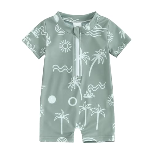 HodJIU Badeanzug für Babys, Jungen, UV-Schutz, Dinosaurier-Druck, kurzärmelig, Badeanzug, Schwimmbad, Strand, Surfen, Grünes Muster, 3-6 Monate