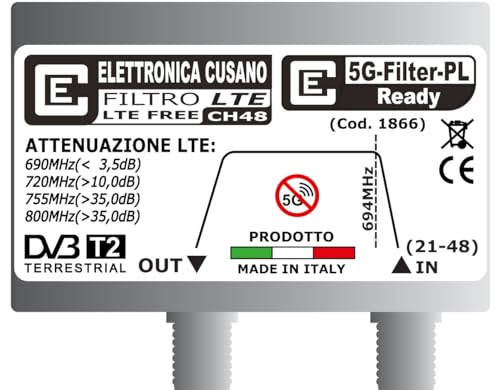 Elettronica Cusano 5G-Filter-PL - LTE-Filter 5G, Lite-Filter zur Unterdrückung der Frequenzen 694 MHz, 5 G Filter zum Anbringen auf der Antenne, LTE-Filter gegen Telefon, hergestellt in Italien, Grau