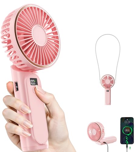Handventilator, Tragbarer Mini-Ventilator mit 4000mAh, Handventilator mit LED-Display, 180° verstellbarer wiederaufladbarer Ventilator, 6 Geschwindigkeiten, tragbarer Ventilator auch als Powerbank