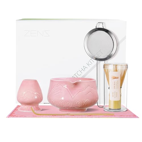 ZENS Matcha Set Rosa, Matcha Tee Set mit Matcha Besen, Keramik Matcha Schale & Besenhalte und Matcha-Pulversieb & Teetuch, 6 Stück für Matcha Ceremonial, Geschenk für Matcha-Liebhaber, Rosa