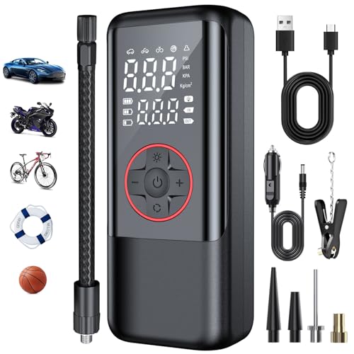 Kasakily Elektrische Luftpumpe Tragbare Fahrradpumpe 150PSI mit 7500mAh Akku Kompressor Klein Luftpumpe Elektrische Reifenpumpe mit Anzeige LED Licht für Auto Fahrrad Motorrad Bälle Als Powerbank