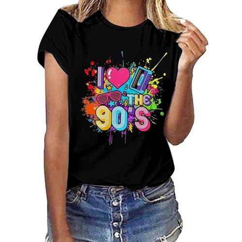 2025-90er Vintage Blumendruck Rundhals T-Shirt für Damen Retro Style Casual Tee Top Festliche Kleider Für Damen Mit Ärmel (Black, M)