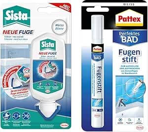 Praktisches 2er-Set aus 1x80ml Sista NEUE FUGE Sanitär Silikon weiß und 1x7ml Pattex Perfektes Bad Fugenstift weiß, Fugenweiß für strahlende Fugen in Bad und Küche