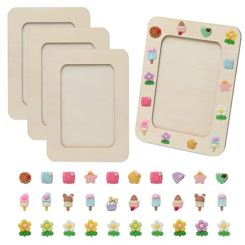 Juibao 4 Stück Bilderrahmen zum Bemalen, Hölzerne DIY Fotorahmen mit Harz Charms, Unbemalte Bilderrahmen Bastelset zum Selbst Gestalten, Malen und Zieren, 14 x 19 cm