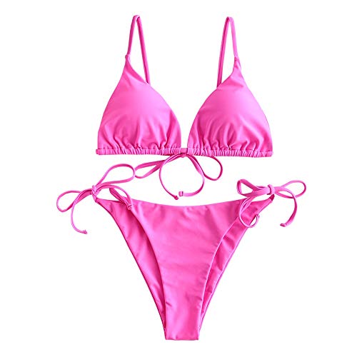 ZAFUL Damen Gepolstert Bikini Set, Einfarbig Bikini Badeanzug mit Dreieck Cup Spaghetti-Träger (Rosa, S)