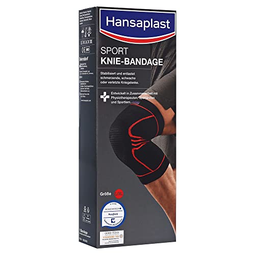 Hansaplast Sport Knie-Bandage, Kniebandage stabilisiert und unterstützt das Gelenk, Bandage mit Patella-Einlage hilft die Kniescheibe zu entlasten, Größe L/XL