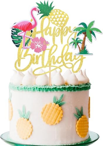 Sommer Pool Party Geburtstags Tortendeko, Glitzernde Happy Birthday Cake Topper, Hawaiisch Strand Kuchen Topper, Sommer Pool Party Kuchen Dekoration für Sommer Geburtstagsfeiern und Poolpartys (A)
