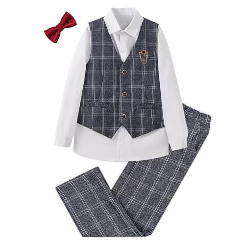 LOLANTA 4-teiliges Festliche Jungen Westen Set, Jungen Hochzeit Anzug,Weste, Hemd, Hose mit Fliege (8-9 Jahre,grau,Tag 140)