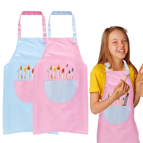 2pcs Malkittel Kinder Mädchen Jungen, 60*45cm Malschürze Kinder Schule Ab 6 Jahre, Wasserdicht Malkittel, Verstellbare Malschürze mit Taschen, Bastelschürze für Basteln Malen Backen -Rosa, Blau