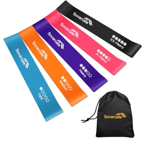 SOVARCATE Fitnessbänder [5er Set] 5 Stufen Naturlatex Elastic Resistance Bands Widerstandsbänder Gymnastikband Gummiband Sport Trainingsbänder Fitness Home Gym Pilates Yoga - mit Tragetasche