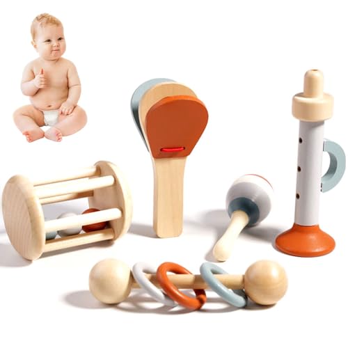 Vmxlso Musikinstrumente für Kinder ab 1 Jahr, 5 Stück Musikinstrumente Baby Holz mit Maracas Trompete Kastagnetten, Baby Musikspielzeug, Montessori Holzspielzeug Baby, Vorschulunterricht Pädagogisches